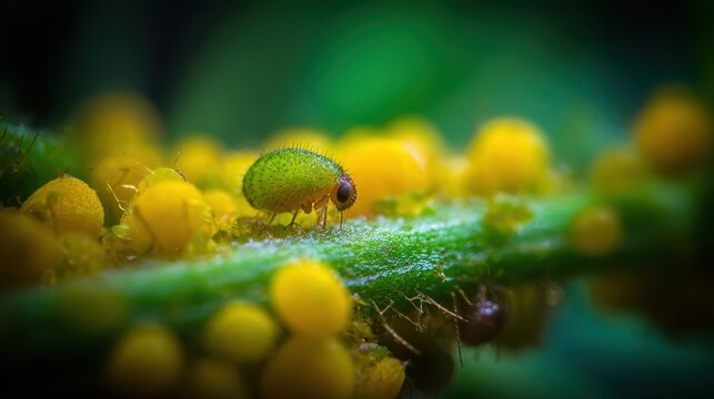 Green Hoverfly Larva Consuming Aphids on Plant Stem in Extreme Macro Detail
