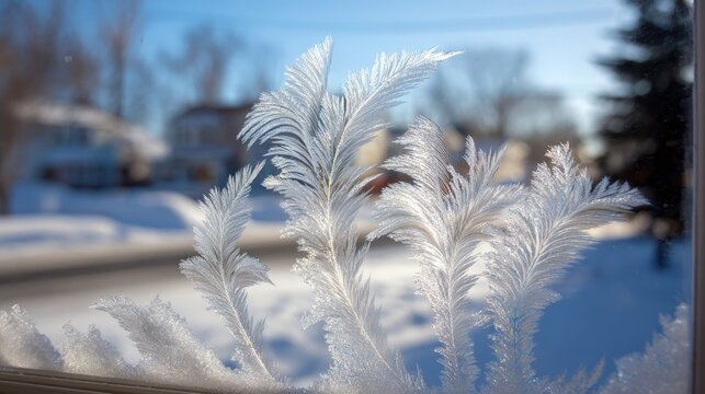 Intricate frost crystals forming delicate fern-like patterns on a windowpane during winter