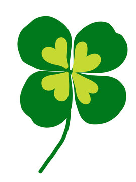 Four leaf clover symbol illustration with green heart shaped petals, isolated on transparent background, perfect for St. Patrick's Day, good luck concepts, and nature inspired designs.