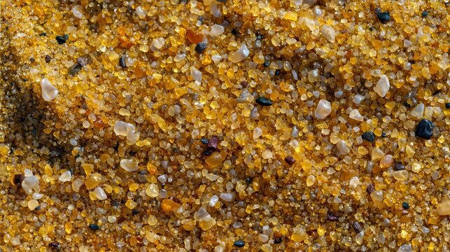 Macro Photography of Golden Beach Sand Grains: A Detailed Crystalline Texture of Natural Minerals and Sedimentary Earth Fragments for Organic Design Backgrounds and Geological Studies.