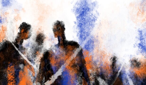 Abstract artwork depicting a group of human figures with expressive textures and layered brushstrokes