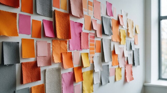 Wall displays diverse fabric swatches and paint chips in vibrant colors. Samples show texture and material for interior design mood boards. Creative professionals arrange colors and samples.