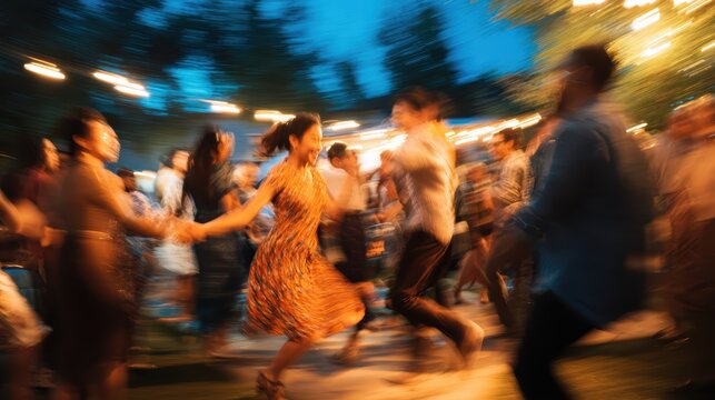 Wide panoramic scene of diverse crowd dancing and celebrating traditional Cinco de Mayo festival with joyful people enjoying cultural fiesta party and vibrant music entertainment outdoors.