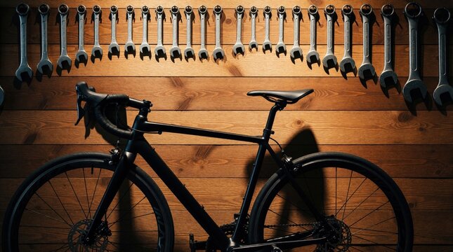 Black road bike rests against wood wall with wrenches hanging above. Workshop setting suggests repair maintenance customization or storage for cycling enthusiast.