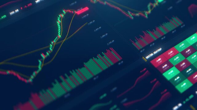 Trading terminal interface with a cryptocurrency candlestick charts, market board quotes and heatmap panels. Close up of a crypto and stock exchange dashboard with green and red price data