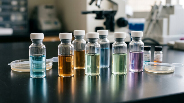 Colorful Lab Vials with Chemical Solutions on Dark Countertop