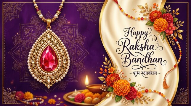 Happy raksha bandhan greeting card with luxury ruby gemstone pendant and marigold floral decorations on purple background.