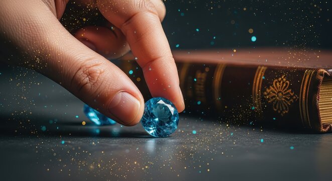Hand Holding a Brilliant Blue Gemstone with Magical Sparkling Particles and Vintage Book Background