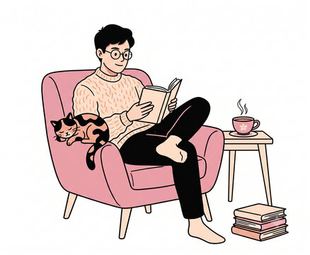 Man Reading Book with Cat Modern Flat Line Illustration Soft Pink Lifestyle Character Isolated White Background