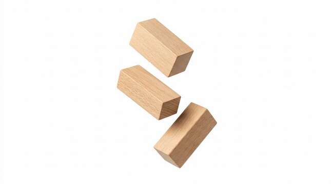 Three rectangular wooden blocks falling in mid-air against a plain white background. Natural wood grain texture visible on rectangular cuboids tumbling in a dynamic composition.
