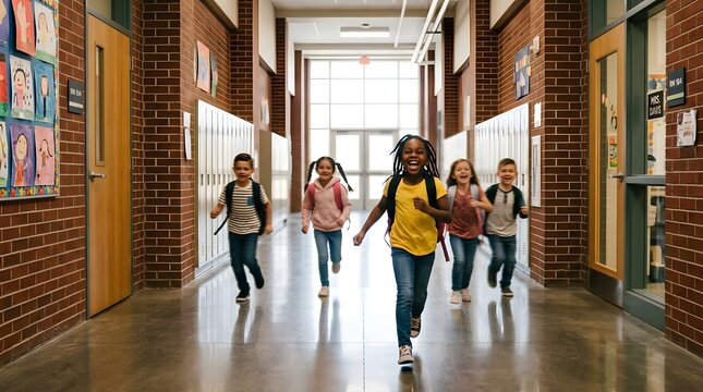 A diverse group of happy elementary school students running down a bright school hallway during a school day