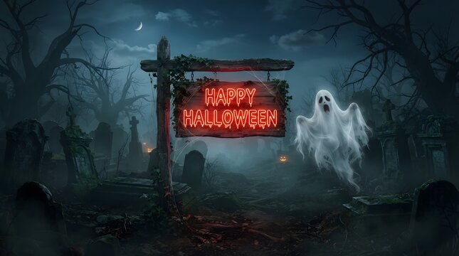 Spooky graveyard with neon halloween sign