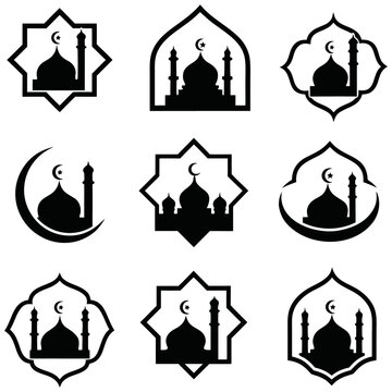 Islamic mosque icons set for religious and cultural design. Elegant line art illustrations for Islamic architecture themes.