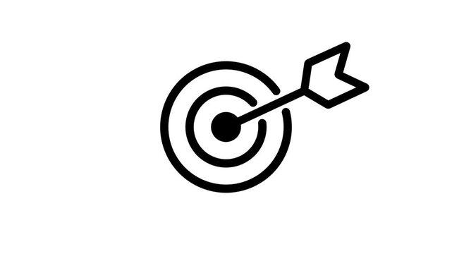 Hit a target or goal with an arrow simple loop animation on white background. Aim target with arrow sign. Archery, darts or goal strategy