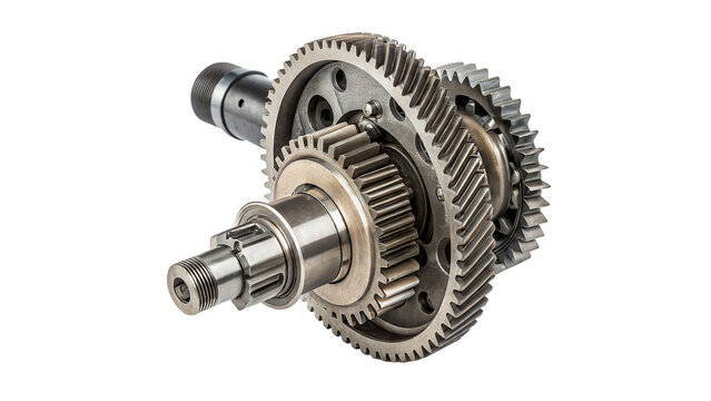 Industrial metal differential gear mechanism parts engine transmission components automotive machinery repair isolated on transparent background cut out