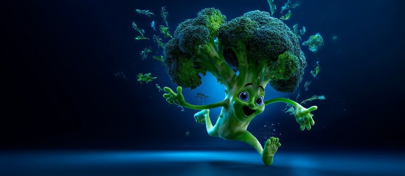 Playful Cartoon Broccoli Character with Vibrant Energy in Motion
