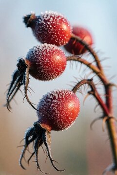 Red rose hips covered in frost crystals during winter season. Macro view of frozen plant berries on thorny branch at cold morning. Natural wild fruit surface ice texture. Sharp detail of organic