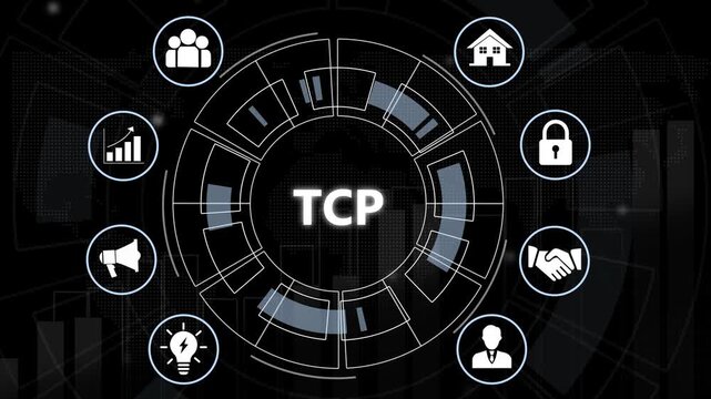 Advanced tcp network protocol concept featuring digital hud interface with interconnected business and cyber security symbols for modern enterprise data communication and global connectivity solutions