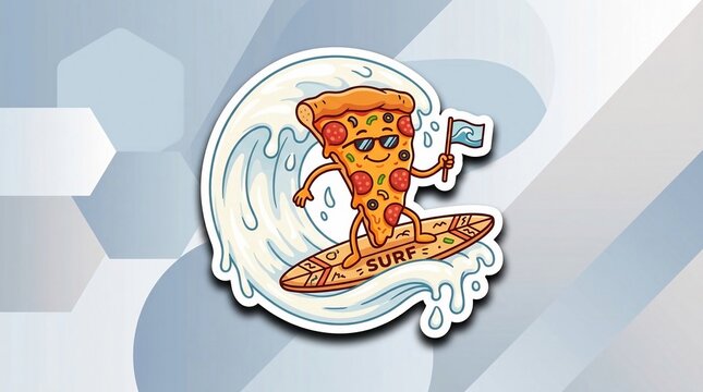 Cartoon pepperoni pizza slice character with sunglasses surfing on a wooden surfboard inside a crashing blue ocean wave, sticker style illustration on an abstract geometric background.