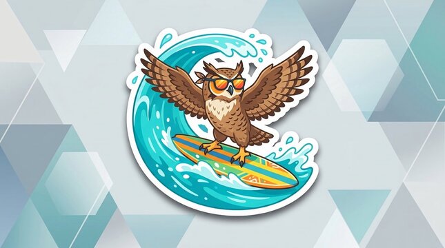 Cartoon sticker illustration of a Great Horned Owl wearing sunglasses and a bandana, surfing on a colorful surfboard within a stylized ocean wave on a geometric background.