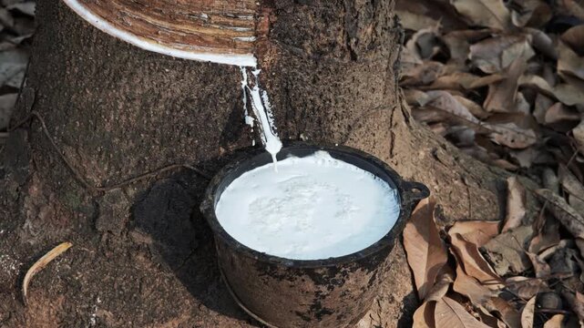 Close up Rubber latex white in bowl extracted from rubber tree plantation agriculture of asian for natural latex