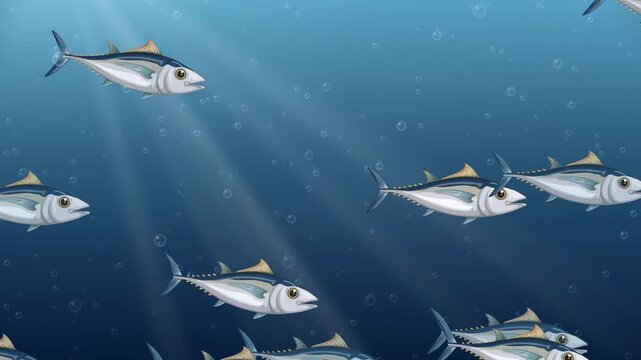 Animated School of Tuna Swimming Through Deep Blue Ocean Current