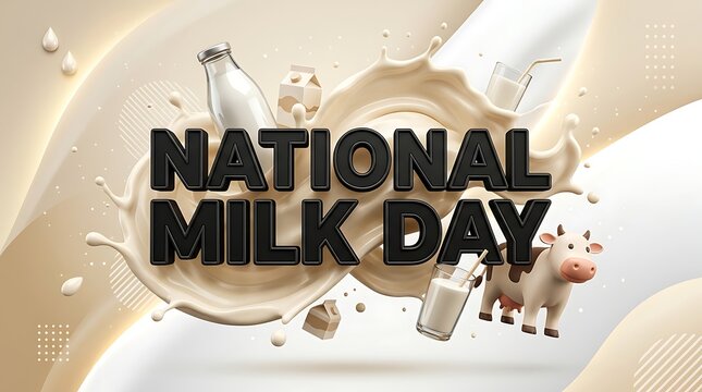 National milk day celebration graphic with 3d text and a cute cow illustration on a creamy background