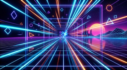 Fototapeta premium Futuristic synthwave digital landscape with glowing neon light streaks and wireframe grid