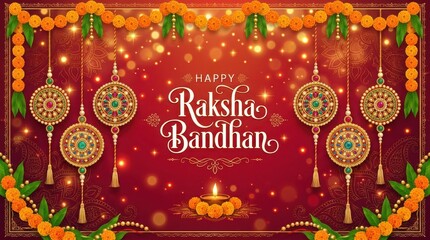 Naklejka premium Red festive background featuring traditional ornate rakhi bracelets and marigold flower decorations for indian raksha bandhan.