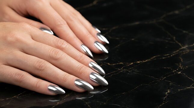 Hands displaying sharp almond shaped fingernails coated with glossy chrome metallic polish resting gracefully upon a dark textured marble surface