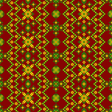 abstract seamless pattern

A pixel-art style border featuring a traditional-style yellow floral embroidery pattern on a brown background; a seamless, horizontally repeating decorative element.