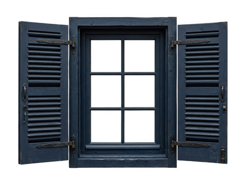 Open rustic window with dark blue shutters. Vintage wooden frame isolated on white background.