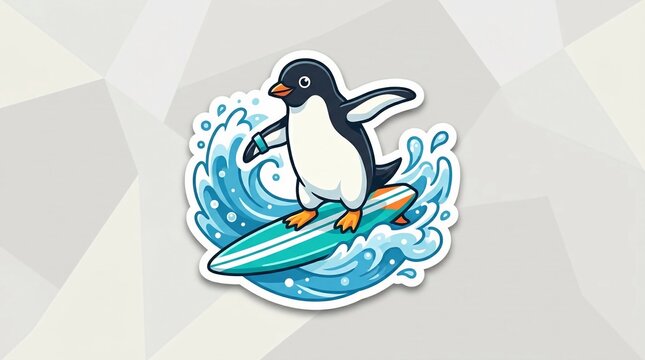 Cute cartoon penguin character surfing on a teal and orange surfboard over a blue ocean wave, sticker style illustration with white border, flat vector design on gray background.