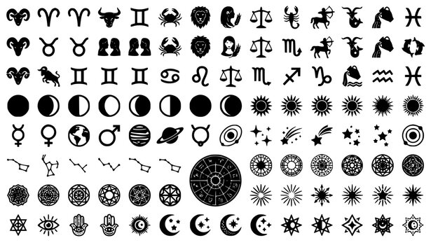 Zodiac Wheel Sun Moon Stars Mystical Black Silhouette Vector Set