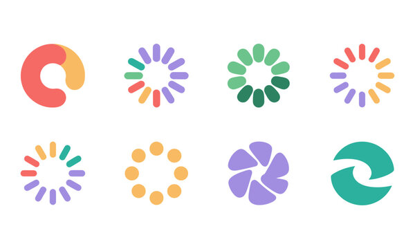Collection of colorful circular loading and buffering progress bar icons with progress, indicator