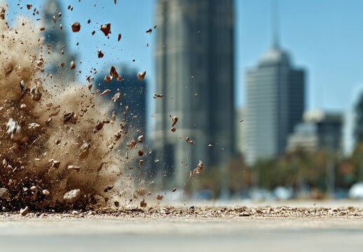 Dirt explosion; city background