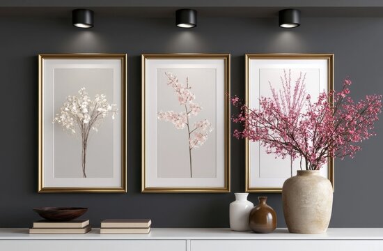 Triptych of framed botanical prints with a large pink floral arrangement on a console table