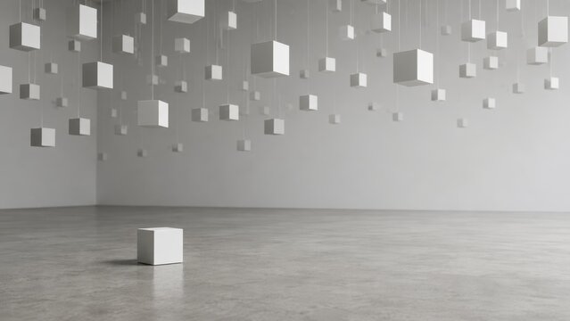 Single Grounded Cube Among Floating Cubes Symbolizing Stability and Strategic Focus