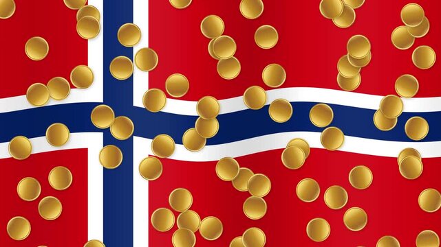 Gold Coins Falling Over Waving Norway National Flag Animation