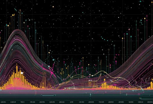 Abstract data visualization.  Night sky backdrop.  Colorful lines and points