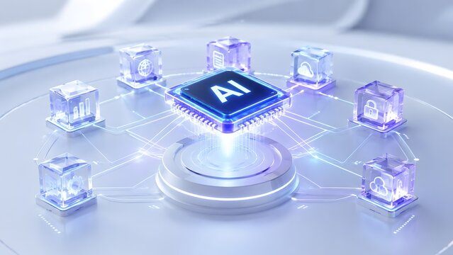 Artificial Intelligence processor powering a digital ecosystem, connecting various data services like cloud storage, analytics, and secure global networks.