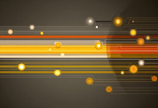 Abstract graphic design with orange, yellow, and gray lines, circles, and glowing dots.  A horizontal composition with a dark gray background