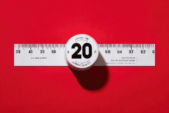 White measuring tape and cylinder on red background