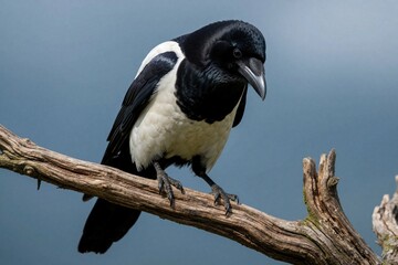 Naklejka premium Black and white bird rests on dead tree branch against a soft blue sky. Avian wildlife with dark feathers and white chest observes surroundings closely. Birding and nature photography.