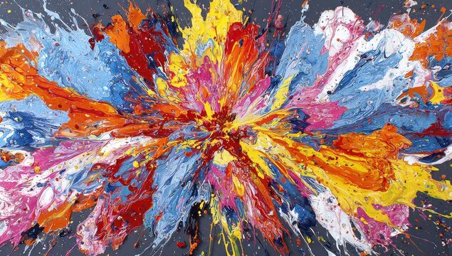 Abstract explosion of vibrant colors radiating from a central point on a dark gray background