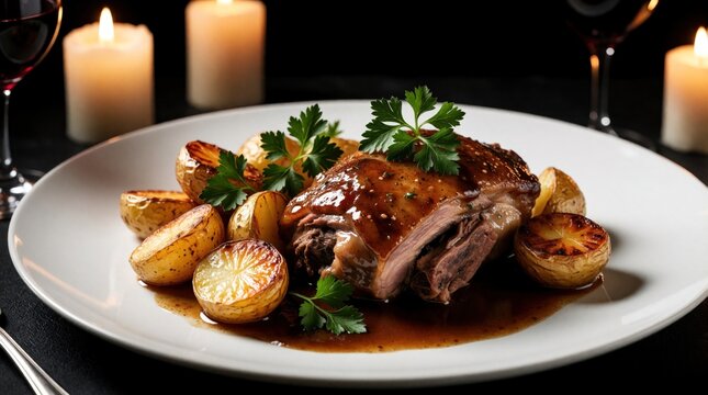 Gourmet duck confit dish served with roasted potatoes and parsley garnish. Juicy meat glistens in rich sauce, presented with wine and candles for elegant dining ambiance.