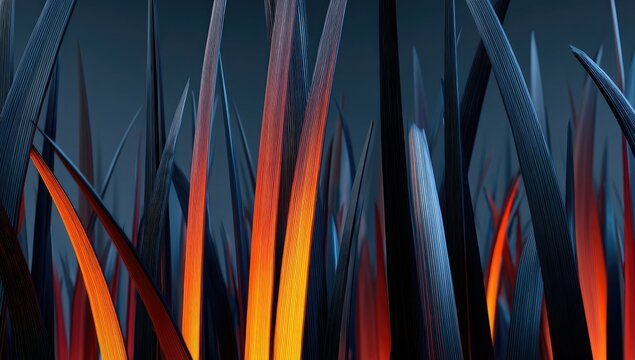 Blazing grass blades in shades of orange, blue, and dark gray