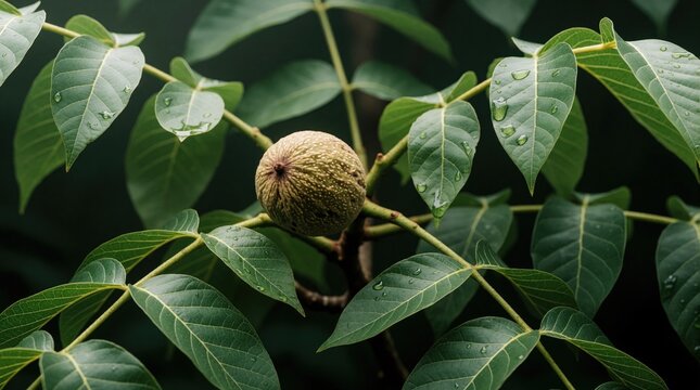 Walnut fruit grows on tree branch among green leaves after rain. Water droplets on foliage show fresh nature scene. Healthy nut ripens on tree in garden setting.