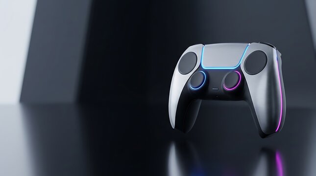 Futuristic game controller with neon lights. Modern wireless gamepad for video gaming.
