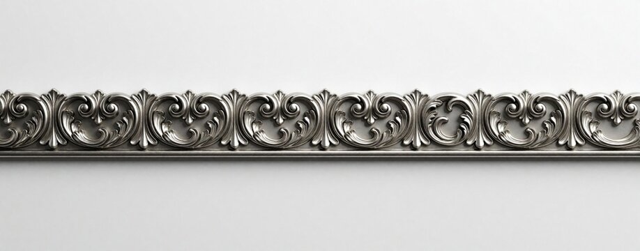 Horizontal metallic frieze with ornate floral scroll pattern on plain white background. Silver decorative border molding provides elegant classic style frame for luxury branding projects. Industrial